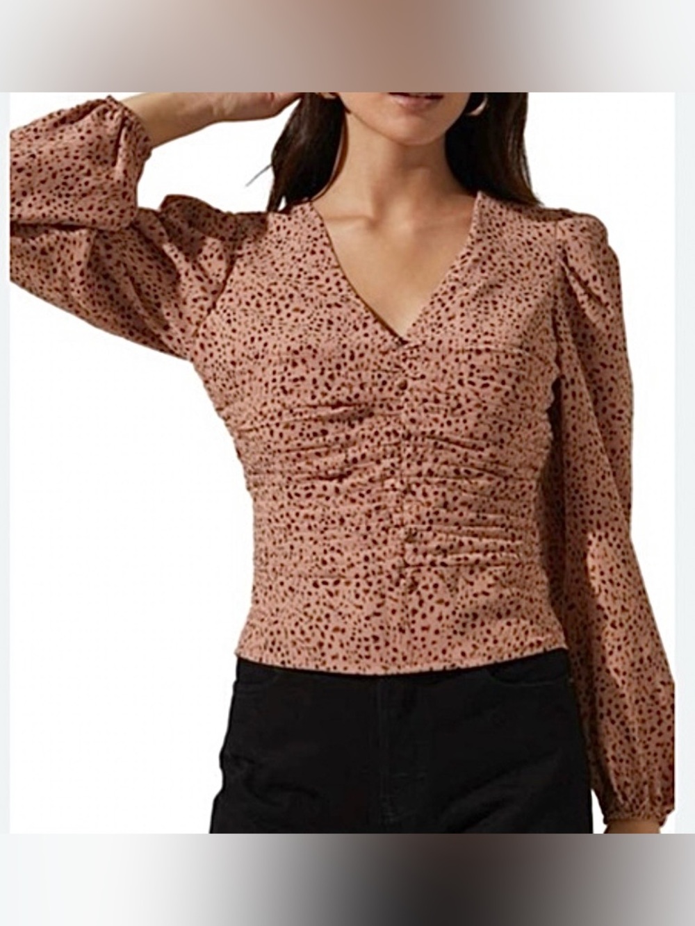ASTR The Label Smocked Crop Top Party Long‎ Sleeve Pink Animal Print Women’s XS